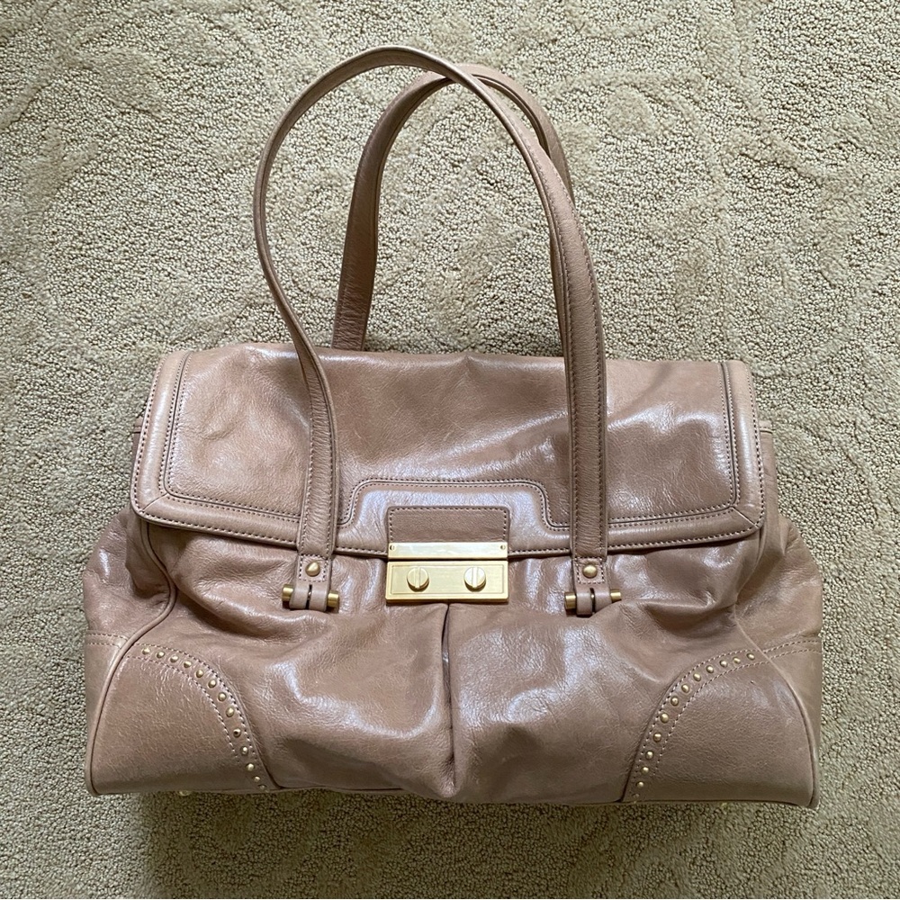 Talbots Beige Leather Shoulder Handbag Foldover Flap Closure Boxy Stud $250 MSRP
